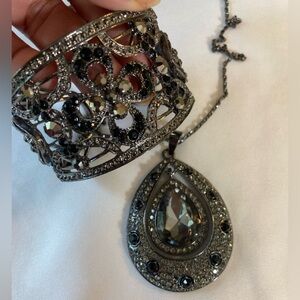 Jewelry‎ Lot Bundle of 2 Black & Marcasites Pendant Necklace & Hinged Bracelet